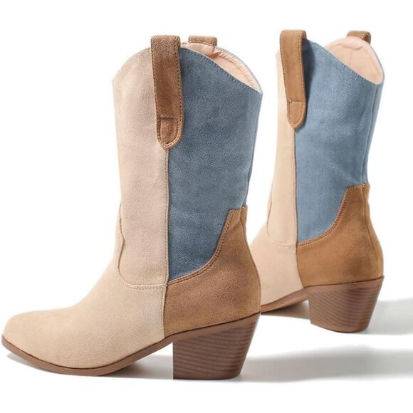 Lipijixi Women Apricot Cowboy Stacked Heel Embroider Wide Calf Cowgirl Boots - Picture 5 of 7